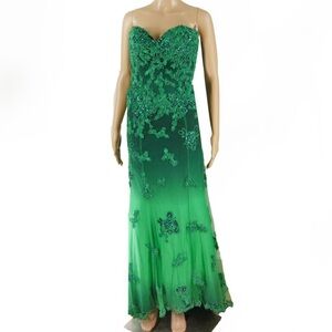 Vintage Y2k Strapless Floral Emroirdered Lace Mesh Maxi Long Train Green Dress